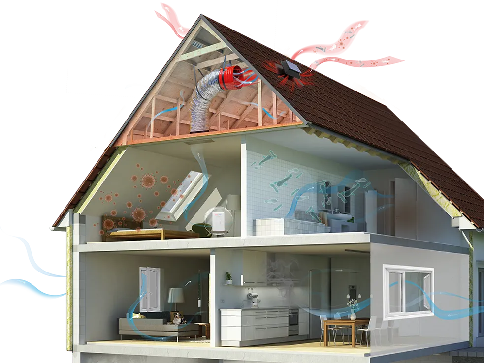 Diagram showing how whole house fan pulls cool air through windows and expels hot air through attic in summer