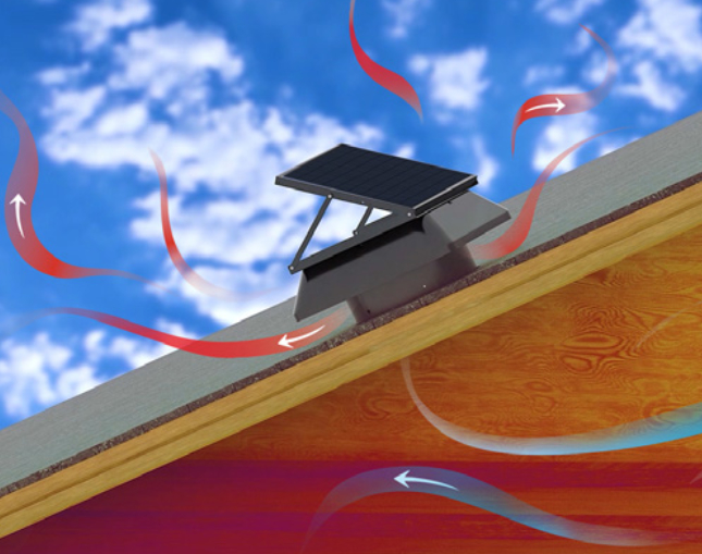 Thermal image showing attic temperature reduction of up to 50 degrees Fahrenheit with solar attic fan ventilation