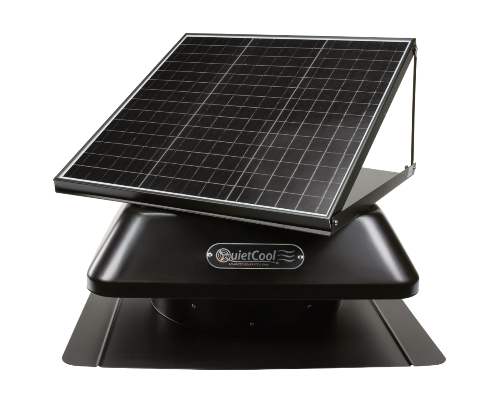 QuietCool solar-powered attic fan with integrated solar panel for zero-energy attic ventilation