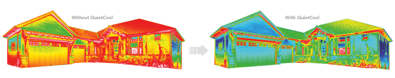 Thermal imaging comparison showing temperature difference between cool mass home with whole house fan versus hot mass home without ventilation